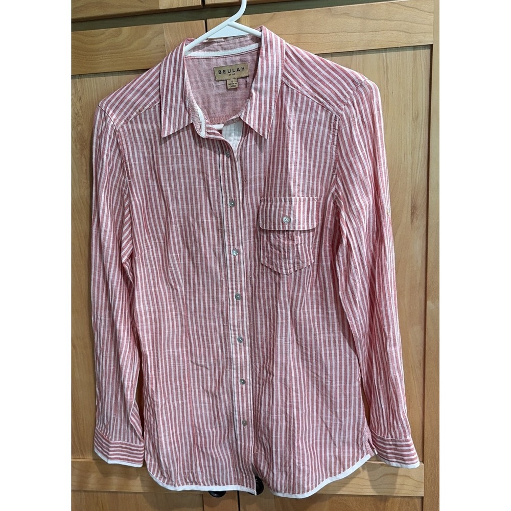 Beulah Style 100% Cotton Red/White Button-Down Shirt Sz sm- Minimalist, Coastal